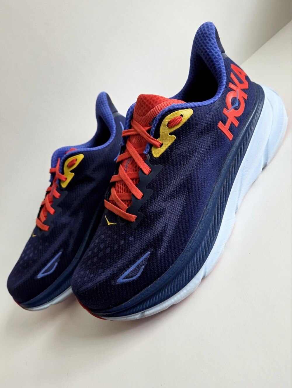 Hoka (8 Wide) Clifton 9 Road Running Shoes, Navy Blue Orange & Yellow - Picture 2 of 15